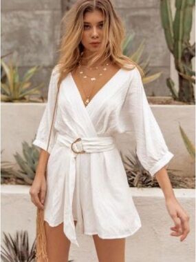 12th Tribe White Wrap Romper with Belt